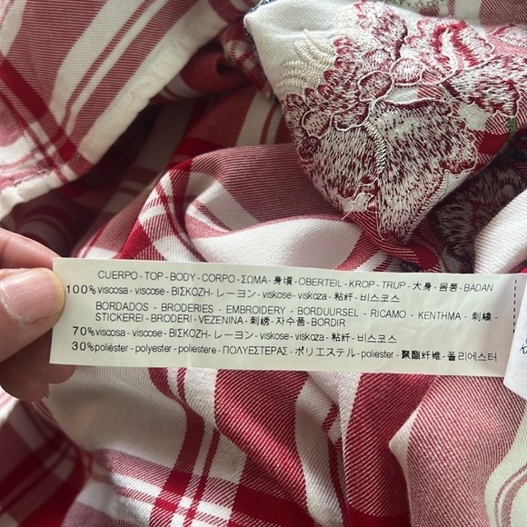 Zara Red Check Dress With Floral Embroidery Off Shoulder Dress Size S - Picture 15 of 17